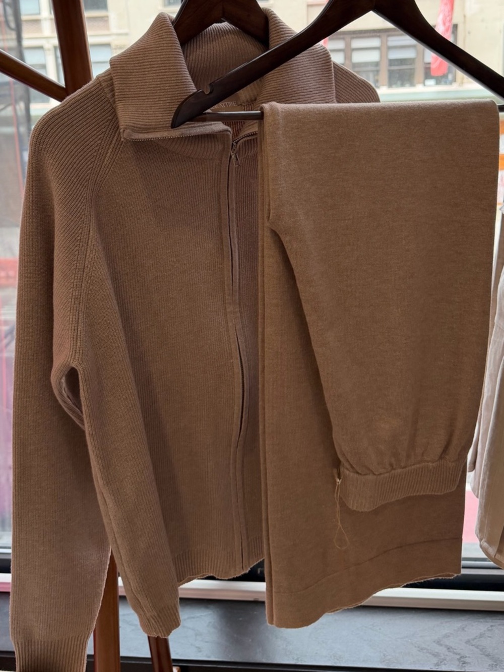 Neutral Brown Zip-Up Sweater Set